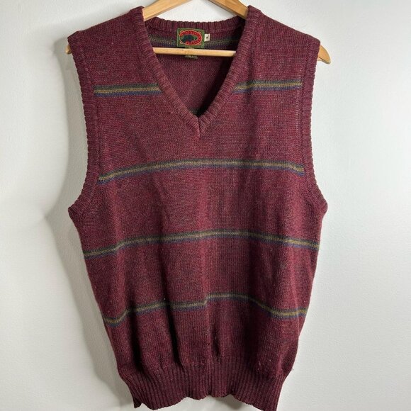 VTG Boston Traders Sweater Vest Mens M Burgundy Wool V Neck Striped 90s Grandpa - Picture 1 of 9